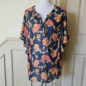 Chaps Navy and Pink Floral Tunic Blouse
